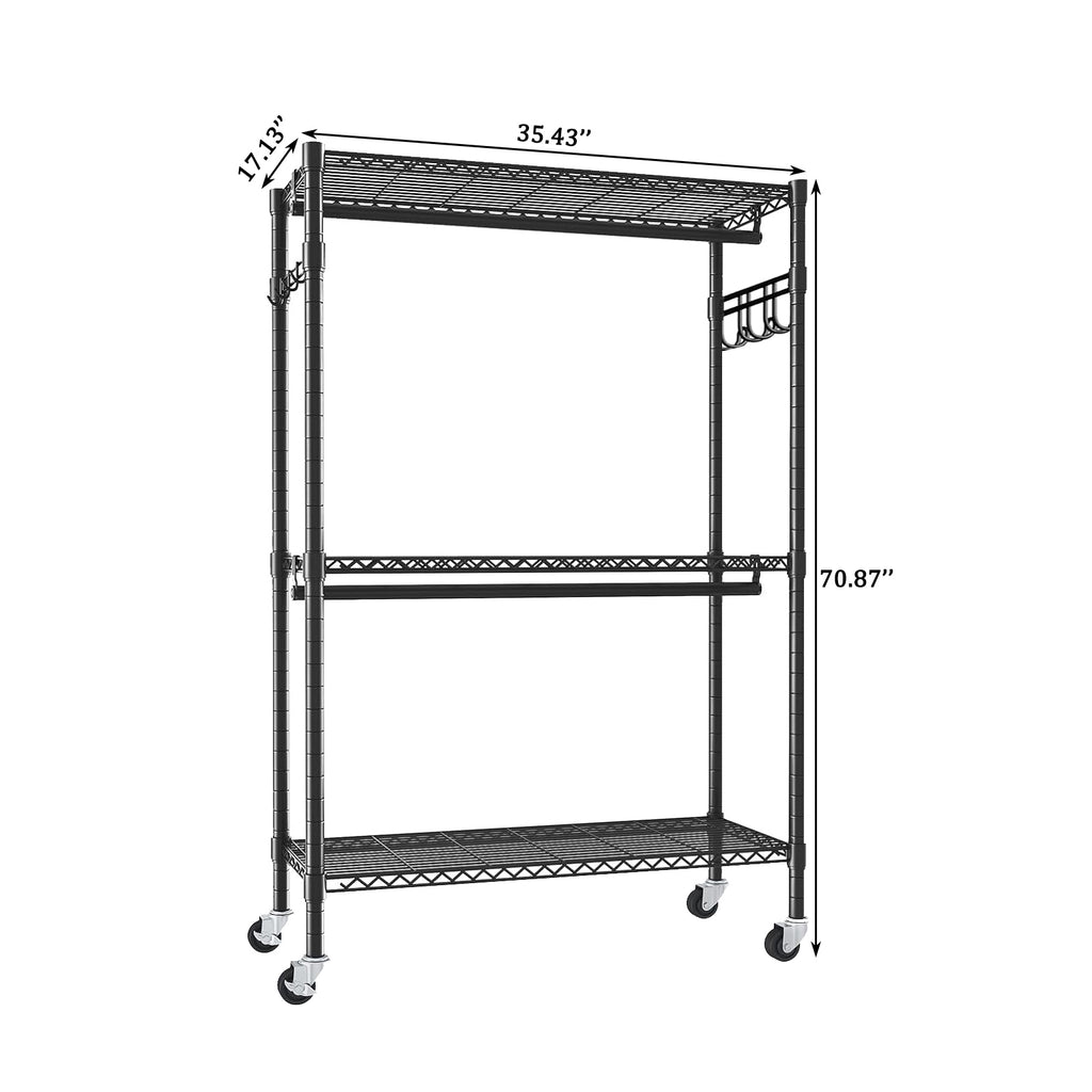 Heavy Duty Rolling Clothes Rack with 3 Tier Shelves, 2 Rails & Side Hooks, Adjustable Freestanding Organizer, Black Metal - Grand Goldman Shop