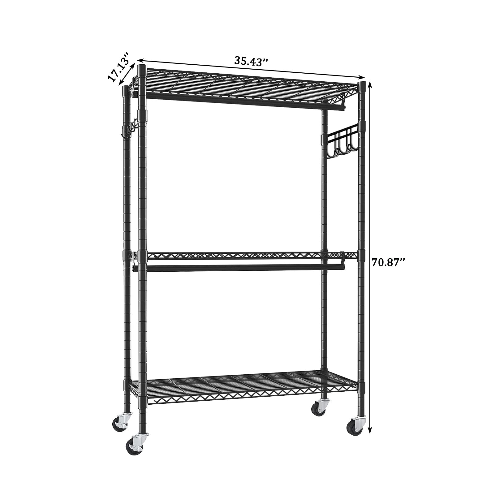 Heavy Duty Rolling Clothes Rack with 3 Tier Shelves, 2 Rails & Side Hooks, Adjustable Freestanding Organizer, Black Metal - Grand Goldman Shop