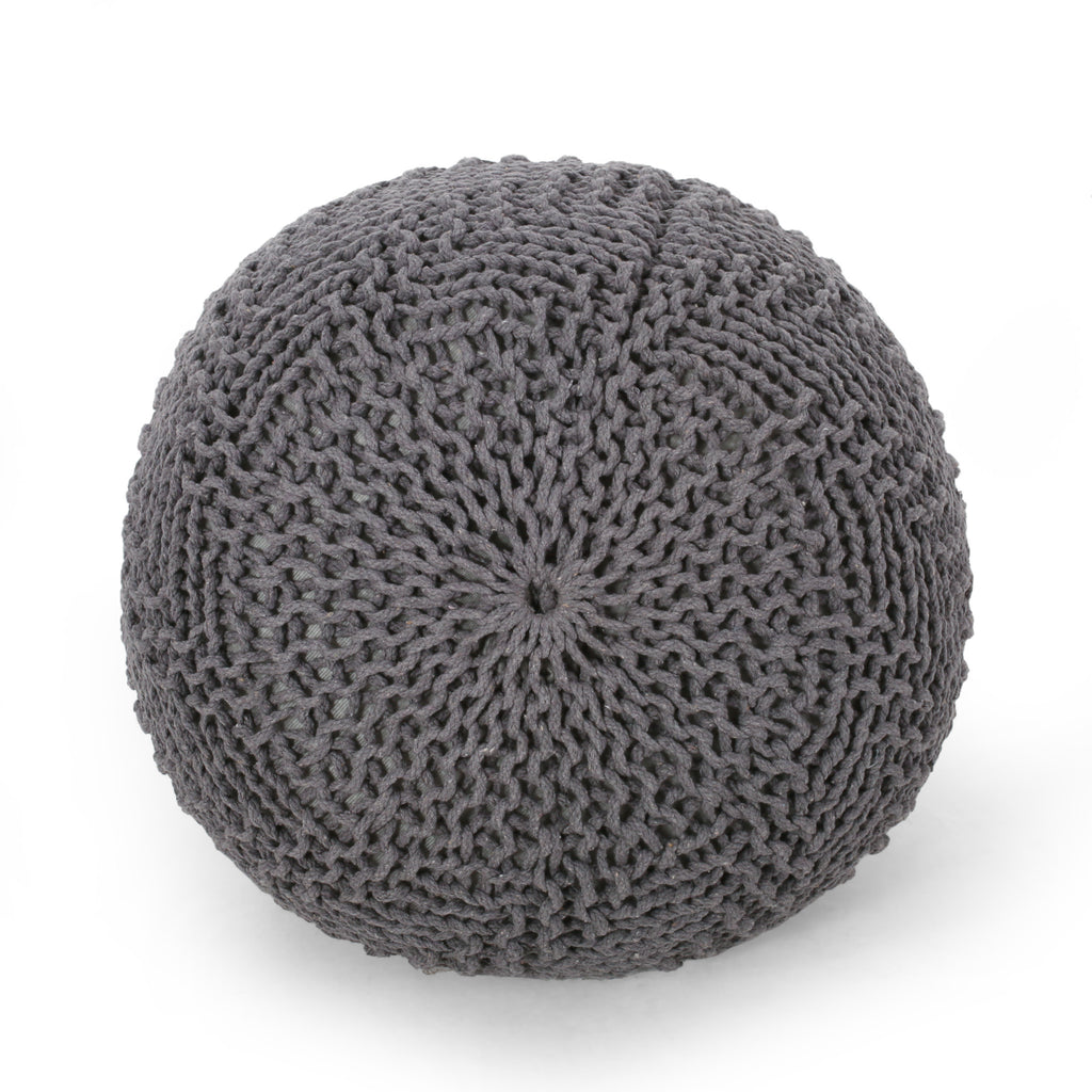 Hazel Modern Knitted Cotton Yarn Round Pouf with Eco-Friendly PET Fibers, Dark Grey, 20 x 20 inches - Grand Goldman Shop