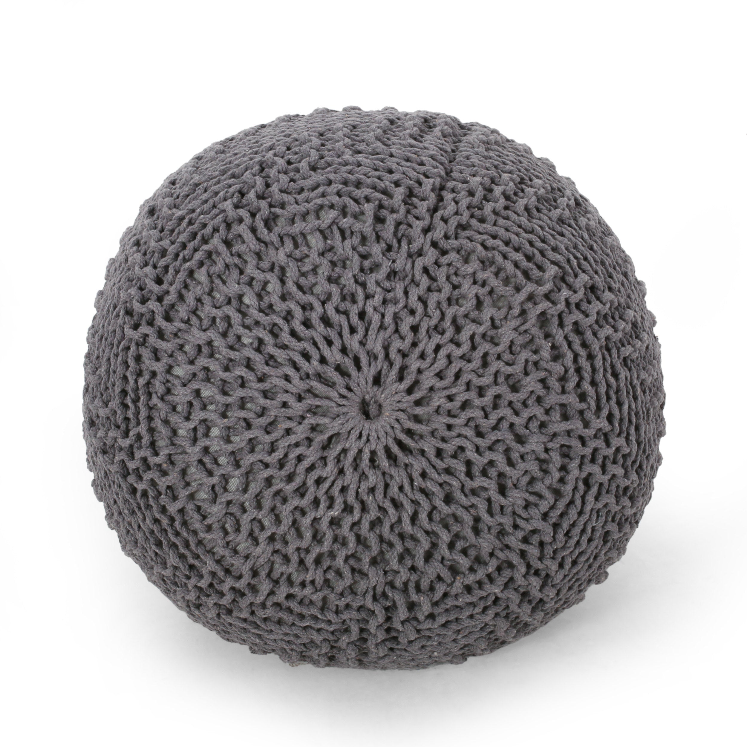 Hazel Modern Knitted Cotton Yarn Round Pouf with Eco-Friendly PET Fibers, Dark Grey, 20 x 20 inches - Grand Goldman Shop