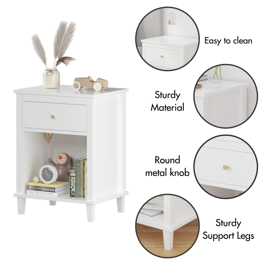 26.77''H White Wooden Nightstand with One Drawer and Shelf, Golden Handle, MDF Construction for Kids and Adults - Grand Goldman Shop