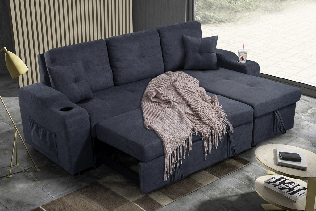 Right-facing sectional sofa with footrest, convertible corner sofa with armrest storage, living room and apartment sectional sofa, right chaise longue and  dark  grey - Grand Goldman Shop