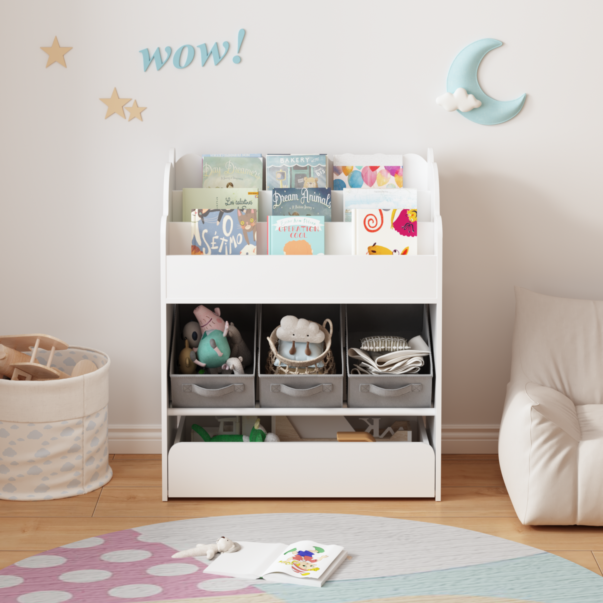 Kids Bookshelf with Storage Bins and Drawer, Multi-Functional Wooden Book Organizer for Toddlers, White Bookcase for Toys, Bo