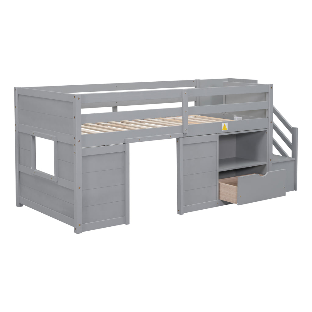 Solid Pine Wood Twin Low Loft Bed with Stair, Drawer, and Shelf in Grey Finish - Grand Goldman Shop