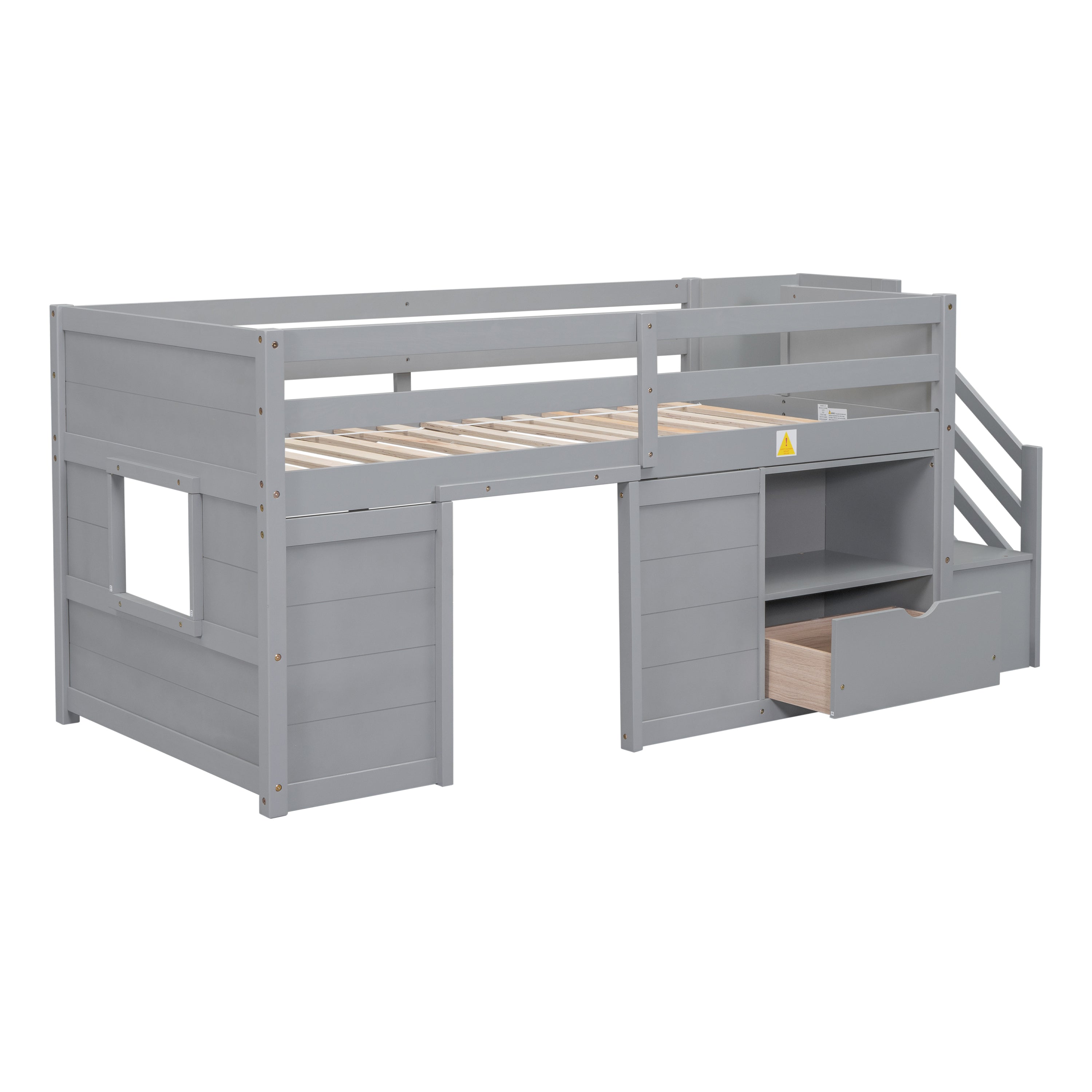 Solid Pine Wood Twin Low Loft Bed with Stair, Drawer, and Shelf in Grey Finish - Grand Goldman Shop