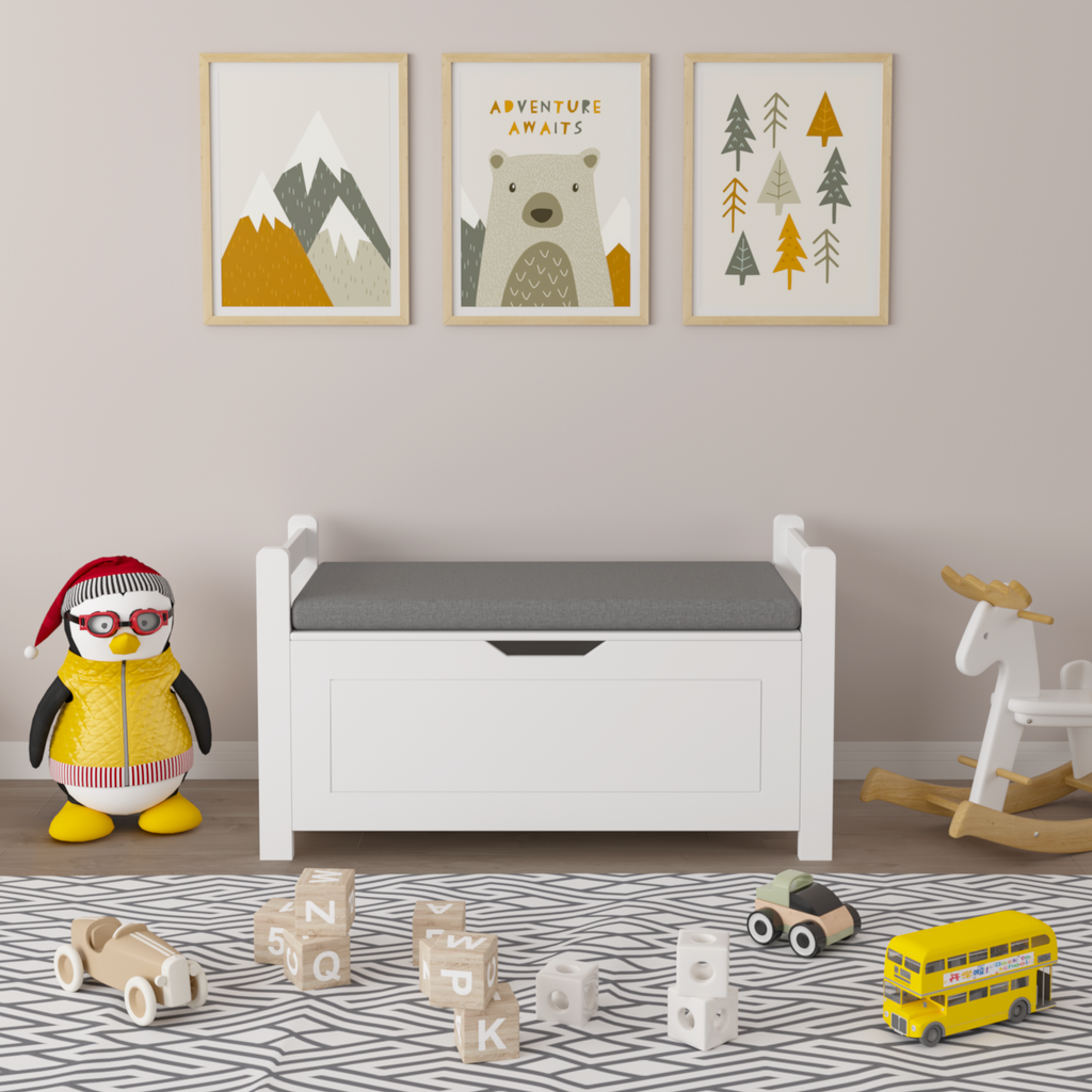 Kids Toy Box Chest White Storage Cabinet with Cushion Seat Bench Flip-Top Lid Safety Hinge for Nursery Playroom - Grand Goldm