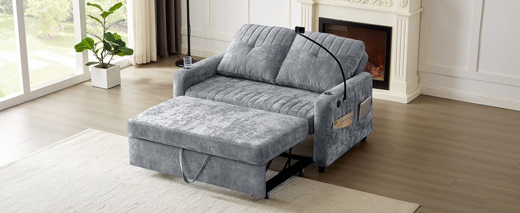 Modern Loveseat Pull-out Sofa Bed with Adjustable Backrest, Cup Holders, Phone Holder, Charging Ports, Side Storage Pockets, Grey Chenille - Grand Goldman Shop
