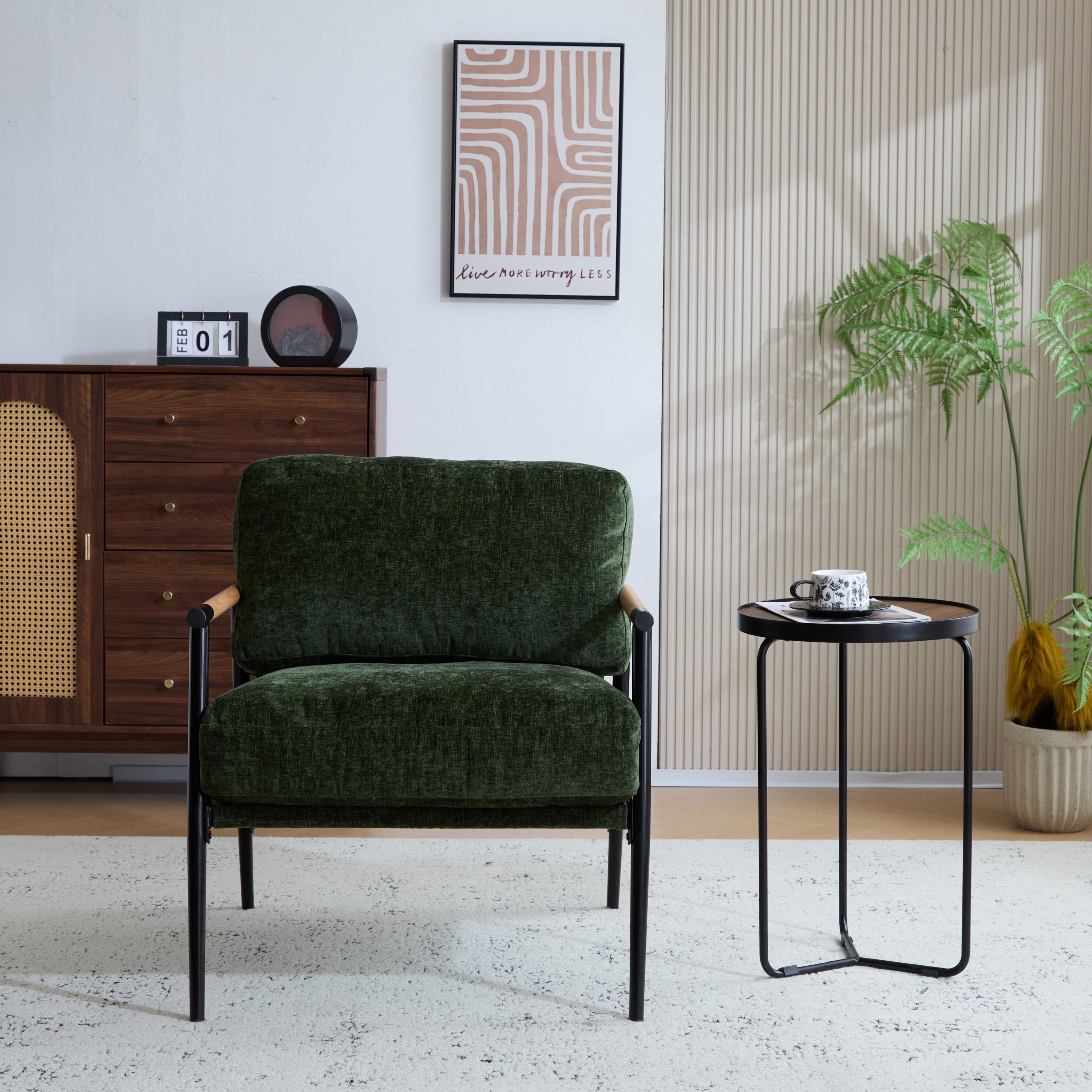 Modern Accent Chair with Plush Cushions, Minimalist Metal Frame, Wooden Armrest Design, Green - Grand Goldman Shop