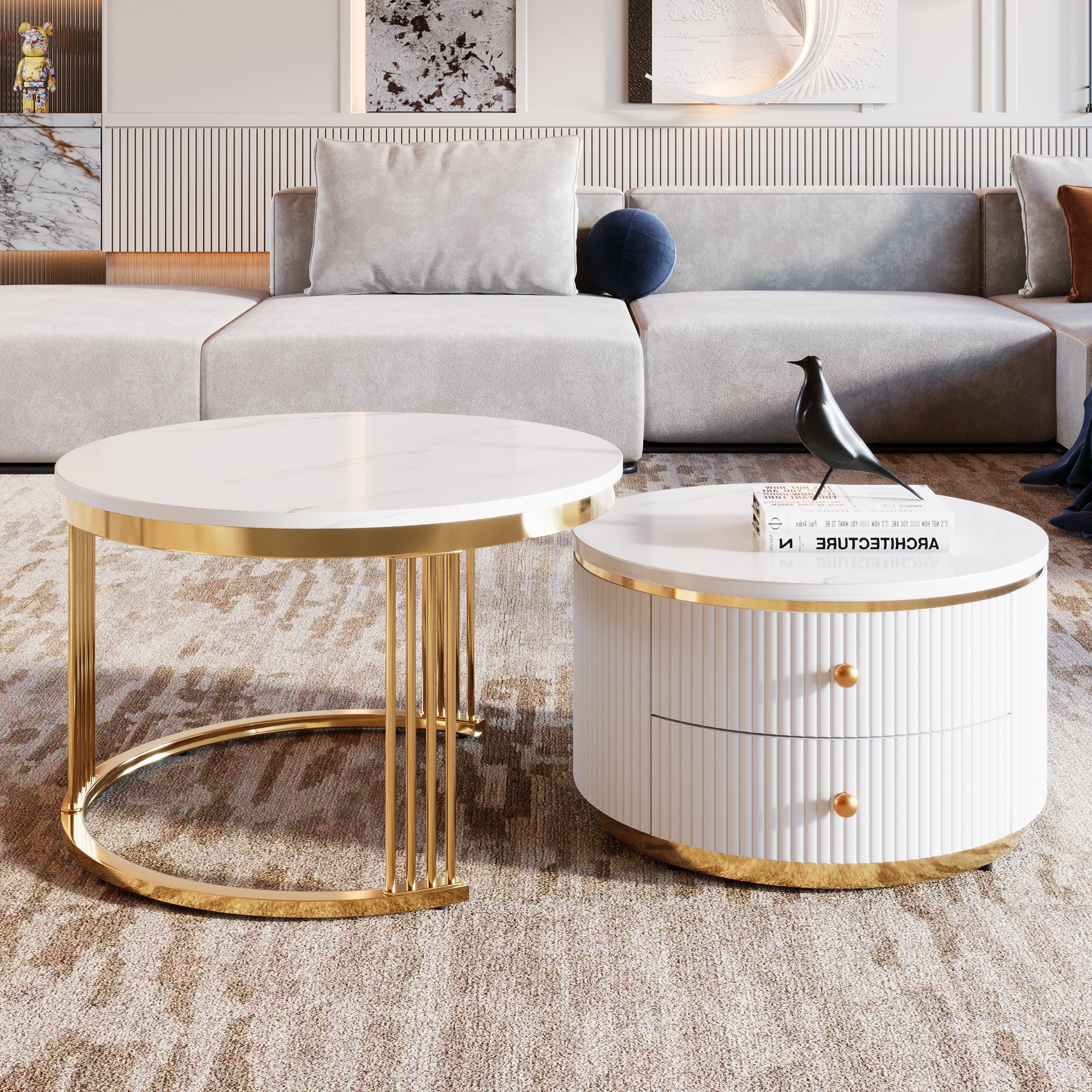 Modern 2 Pieces White Round Nesting  Coffee Table with Drawers in 27.6'' - Grand Goldman Shop