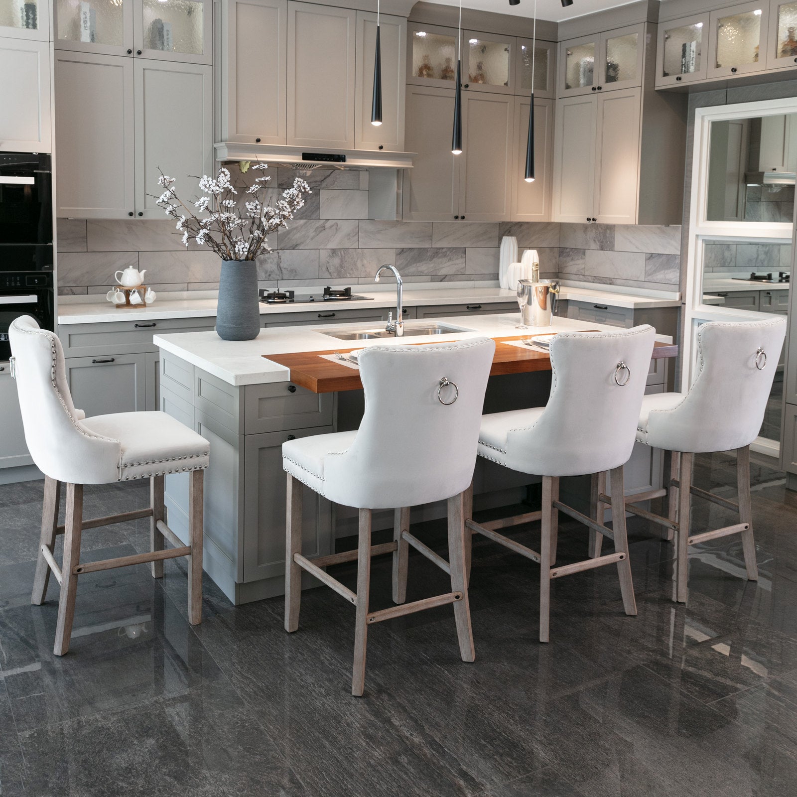 Contemporary Velvet Upholstered Barstools with Button Tufted Decoration and Wooden Legs, and Chrome Nailhead Trim, Leisure Style Bar Chairs,Bar stools, Set of 2 (Beige),SW2002BG - Grand Goldman Shop