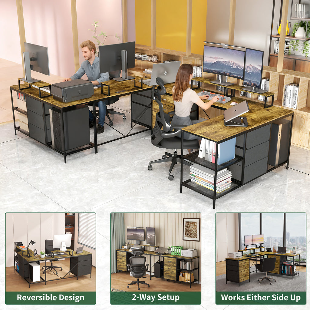 Industrial L-Shaped Computer Desk with Power Outlets & USB-C, Rustic Brown Metal Frame, 6 Fabric Drawers, 3 Open Shelves, Mov