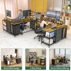 Industrial L-Shaped Computer Desk with Power Outlets & USB-C, Rustic Brown Metal Frame, 6 Fabric Drawers, 3 Open Shelves, Mov