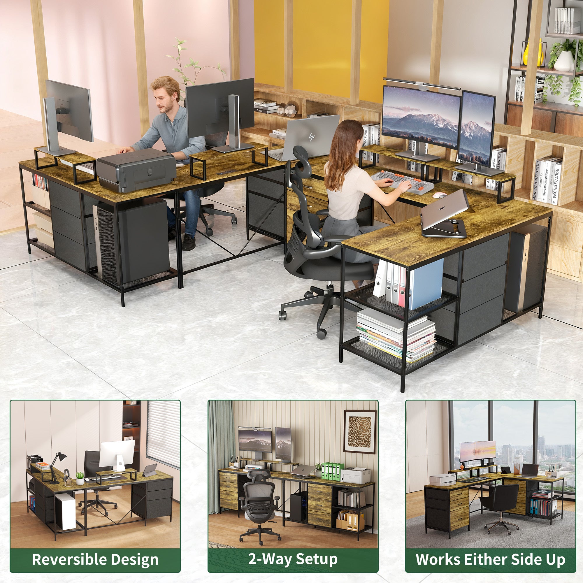 Industrial L-Shaped Computer Desk with Power Outlets & USB-C, Rustic Brown Metal Frame, 6 Fabric Drawers, 3 Open Shelves, Mov