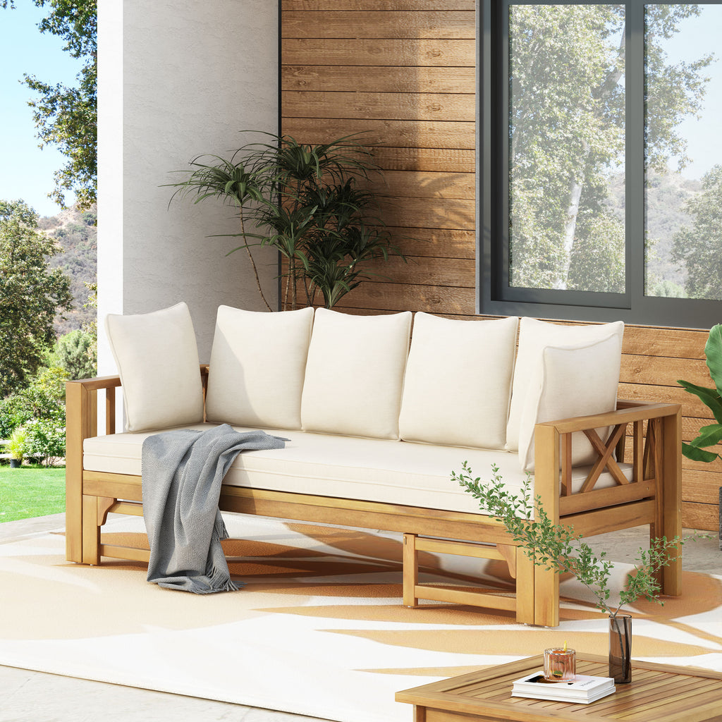 Outdoor Extendable Acacia Wood 3 Seater Sofa, Upholstered Cushion Couch, Daybed Sofa Chair, Spacious Seating Lounge Chair, Patio Daybed Sofa for Garden Yard - Grand Goldman Shop