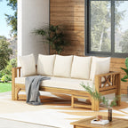 Outdoor Extendable Acacia Wood 3 Seater Sofa, Upholstered Cushion Couch, Daybed Sofa Chair, Spacious Seating Lounge Chair, Patio Daybed Sofa for Garden Yard - Grand Goldman Shop