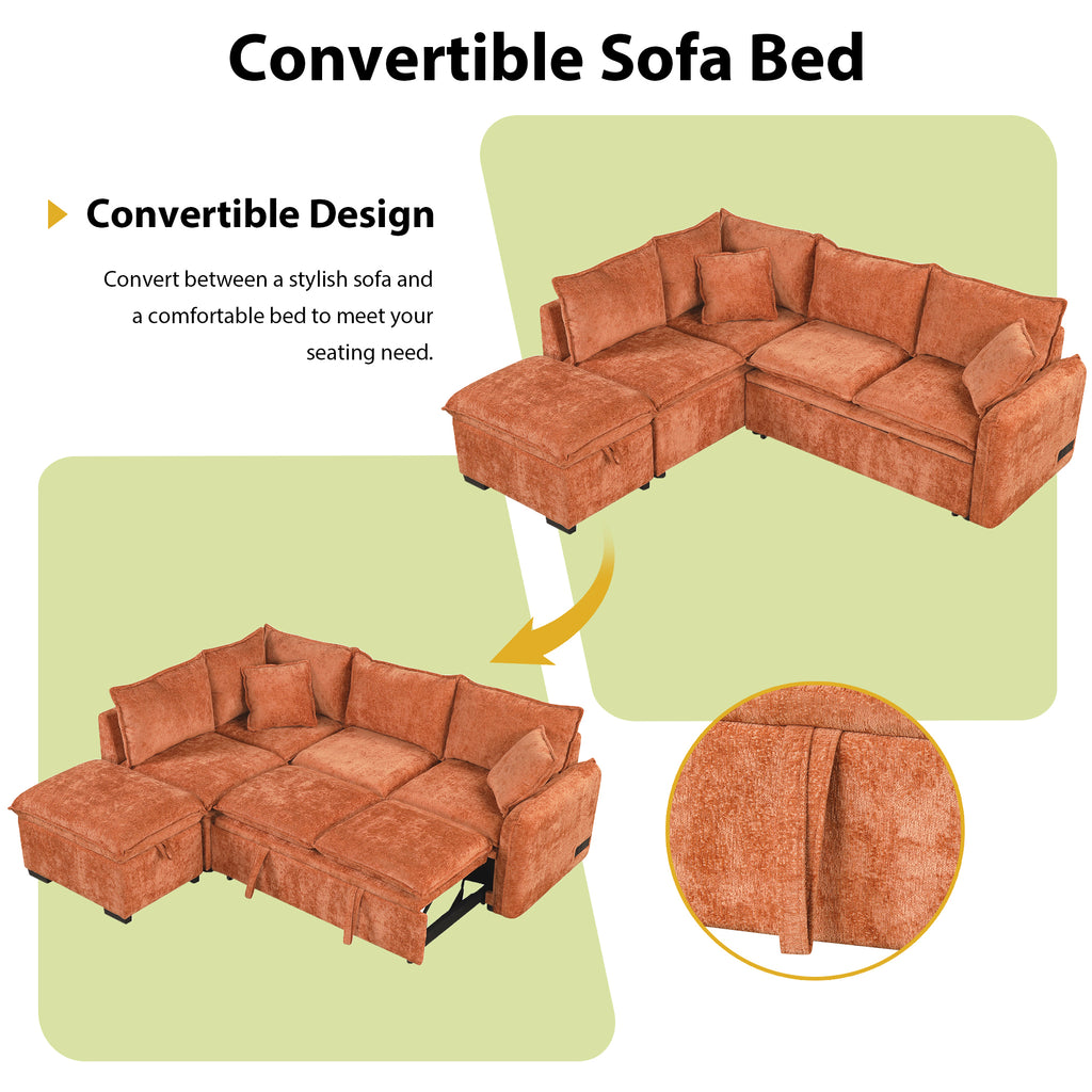 Convertible L-shaped Sofa Bed with Storage Ottoman, Power Sockets & USB Ports, Orange Chenille, 82.67' - Grand Goldman Shop