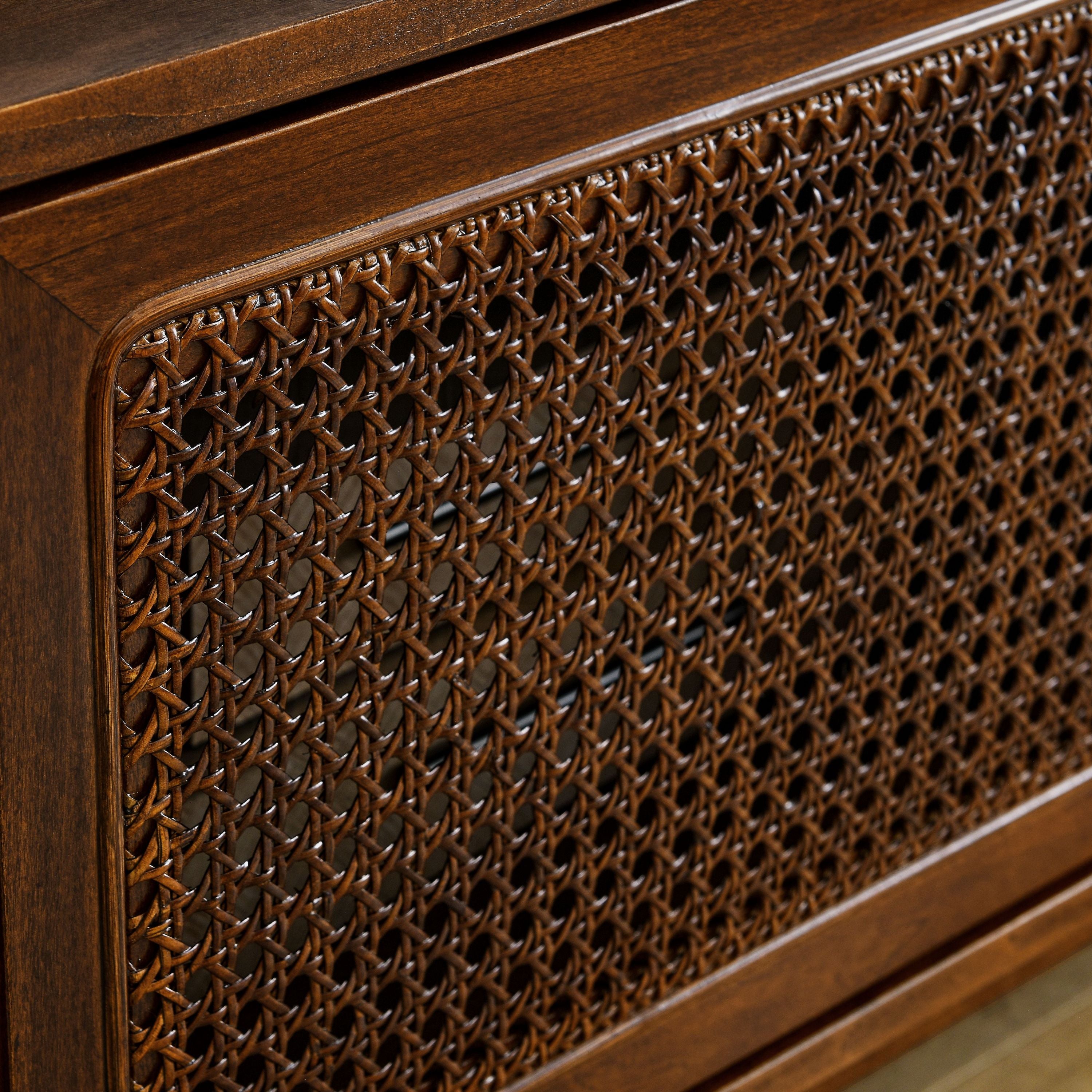 59 Inch Mid Century Modern Rattan TV Stand for 65 Inch TV, Entertainment Cabinet, Media Console for Living Room Media Room, Solid Wood Feet & Rattan Cabinet Doors - Dark Wood - Grand Goldman Shop