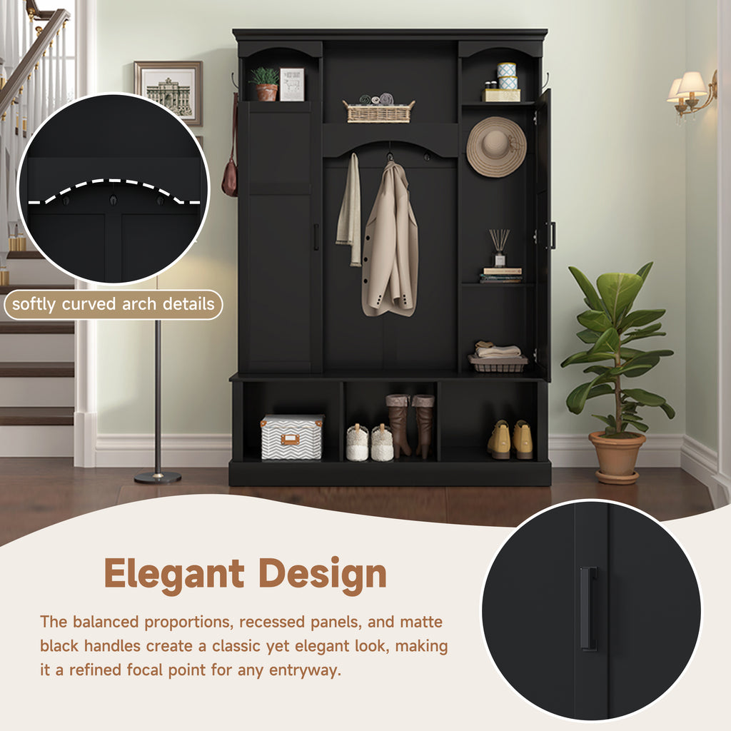 ON-TREND Modern All-in-One Hall Tree with Adjustable Shelves, Classic Arched Farmhouse Storage Bench with Dual Side Cabinets, Elegant Entryway Organizer with 7 Hooks for Mudroom, Hallway, Black - Grand Goldman Shop
