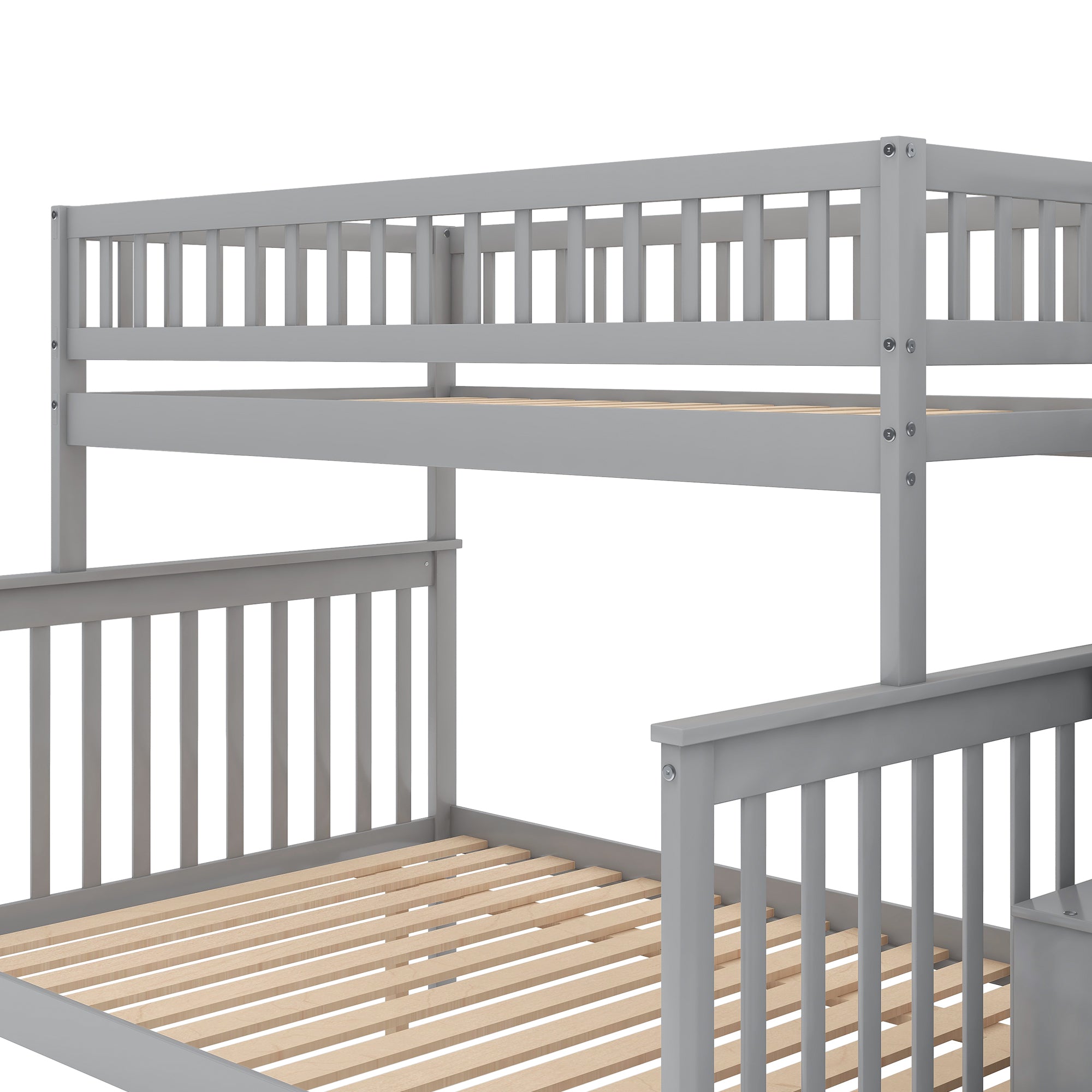 Twin Over Full Stairway Bunk Bed with Storage in Gray, Solid Pine Wood and MDF, 90.8''L x 57.8''W x 65.3''H - Grand Goldman Shop