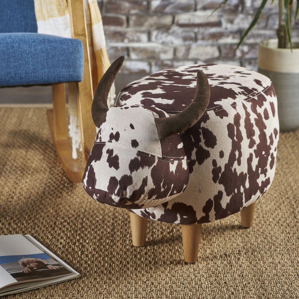 Cow-Shaped Modern Ottoman Footstool in Brown and White Fabric with Velvet Horns, Birch Legs, 25.25 x 14.00 x 16.75 inches - Grand Goldman Shop