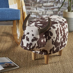 Cow-Shaped Modern Ottoman Footstool in Brown and White Fabric with Velvet Horns, Birch Legs, 25.25 x 14.00 x 16.75 inches - Grand Goldman Shop