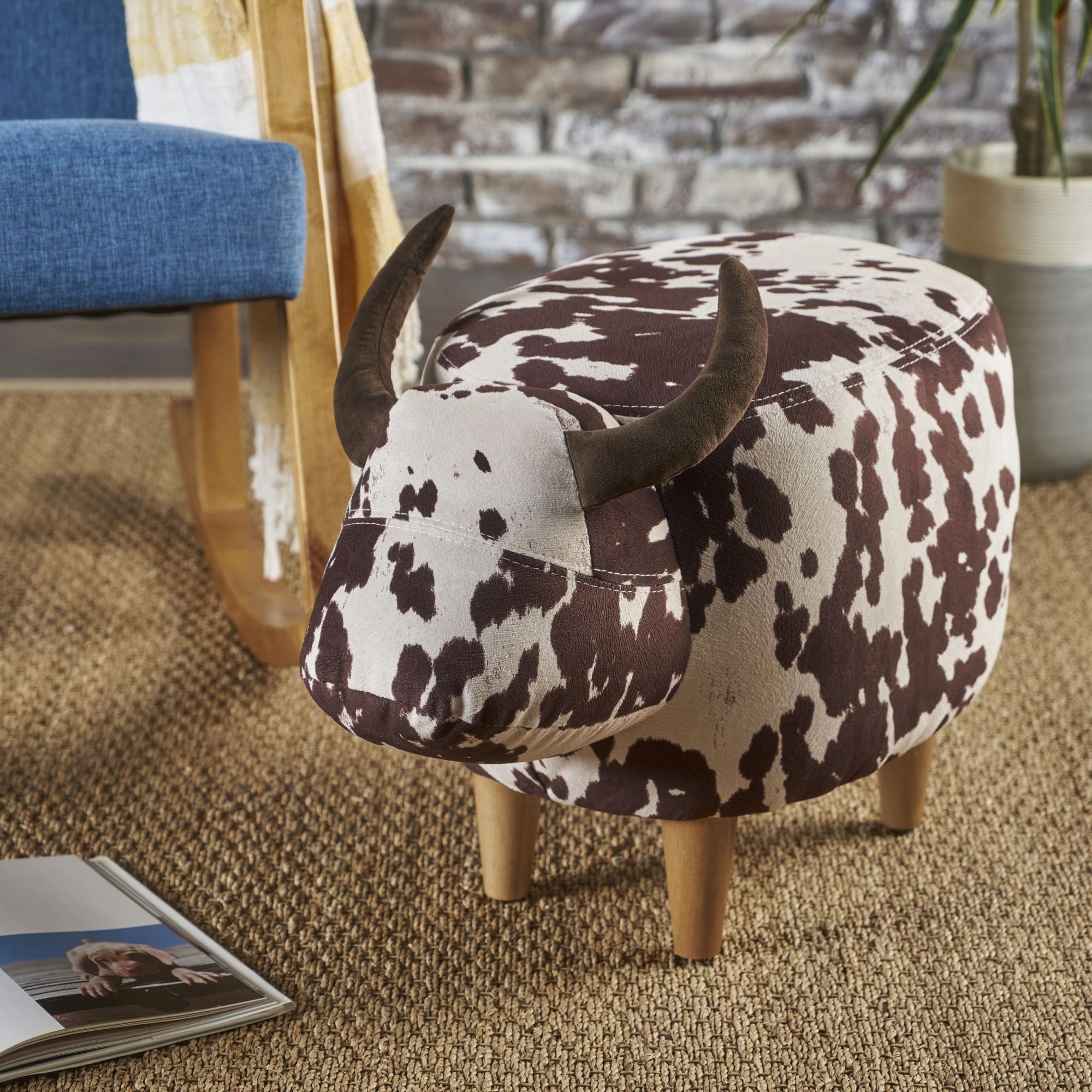Cow-Shaped Modern Ottoman Footstool in Brown and White Fabric with Velvet Horns, Birch Legs, 25.25 x 14.00 x 16.75 inches - Grand Goldman Shop