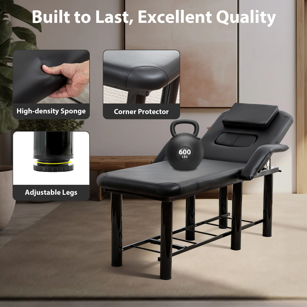 Professional Black Beauty Bed with Removable Headrest & Breast Cushions, Armrests and Storage Shelf for Massage, Facial, Tatt