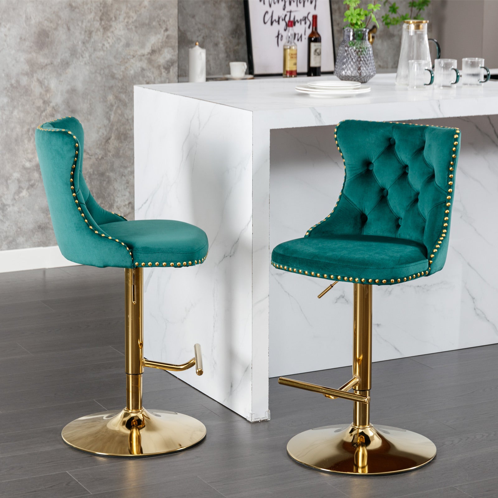 A&A Furniture,Golden Swivel Velvet Barstools Adjusatble Seat Height from 25-33 Inch, Modern Upholstered Bar Stools with Backs Comfortable Tufted for Home Pub and Kitchen Island（Green,Set of 2） - Grand Goldman Shop