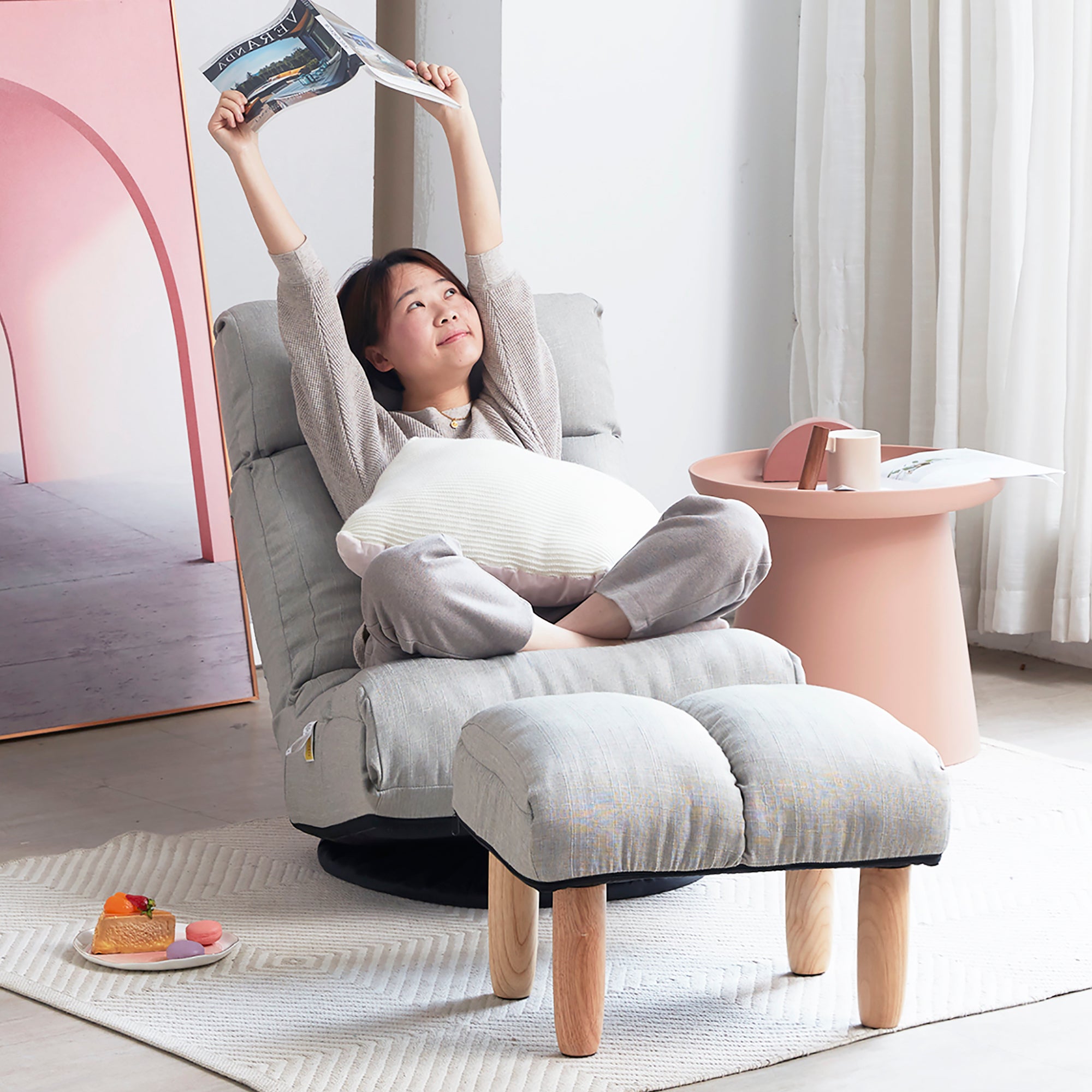 Japanese-Style  Gray with Metal Frame Adjustable Reclining Floor Chair – Tatami Lazy Sofa for Balcony or Bedroom - Grand Goldman Shop