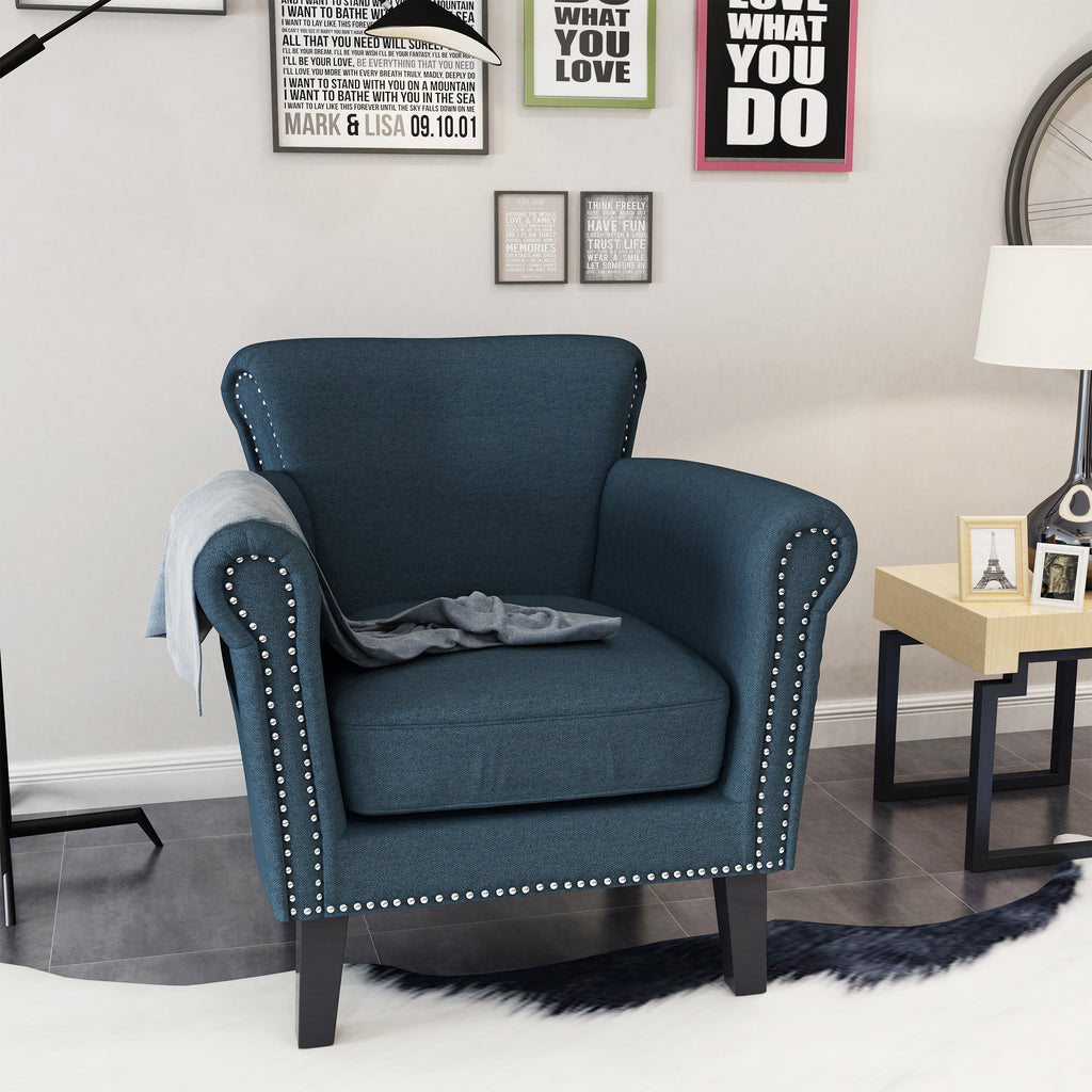 Elegant Navy Blue Fabric Club Chair with Nailhead Trim and Birch Wood Legs - Grand Goldman Shop