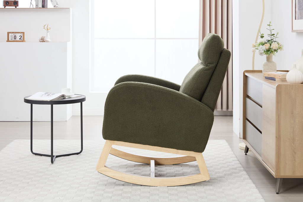 015B-Teddy Fabric Leisure Rocking Chair,Nursery Rocking Chair With Adjustable Footstool,Thickened Headrest And High Backrest, Storage Pocket On The Right Side,The Base Rocker Is Solid Wood,Green - Grand Goldman Shop