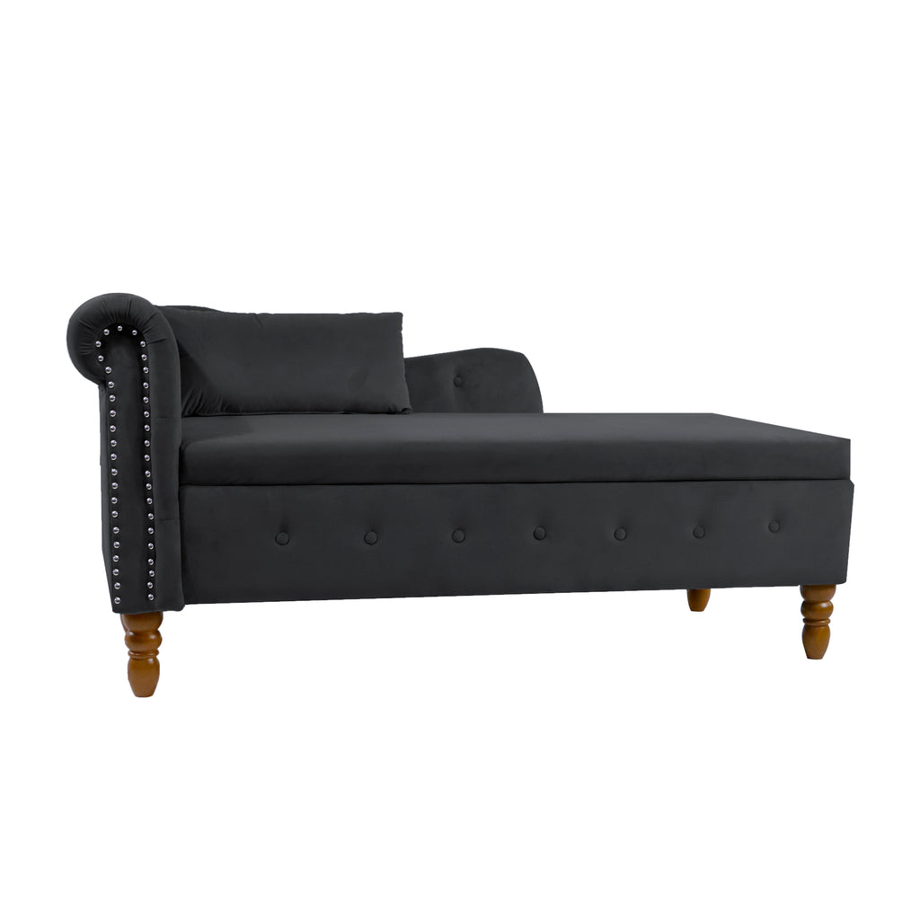 Black Chaise Lounge Indoor, Velvet Lounge Chair for Bedroom with Storage & Pillow, Modern Upholstered Rolled Arm Chase Lounge for Sleeping with Nailhead Trim for Living Room Bedroom Office - Grand Goldman Shop