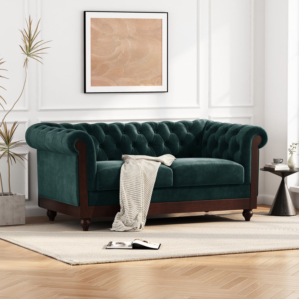 VIVALUX Chesterfield Velvet Loveseat Sofa 2-Person Rolled Arm Upholstered Couch Forest Green 59.44' - Grand Goldman Shop