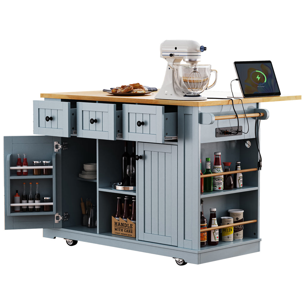 K&K 53inch Large Kitchen Island with 2 Bar Stools,Power Outlet,Door Internal Storage Rack,Kitchen Storage Cart on 5 Wheels with Drop Leaf,5 Open Side Racks,3 Drawers,Grey Blue (Three Packages) - Grand Goldman Shop