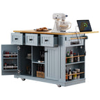 K&K 53inch Large Kitchen Island with 2 Bar Stools,Power Outlet,Door Internal Storage Rack,Kitchen Storage Cart on 5 Wheels with Drop Leaf,5 Open Side Racks,3 Drawers,Grey Blue (Three Packages) - Grand Goldman Shop