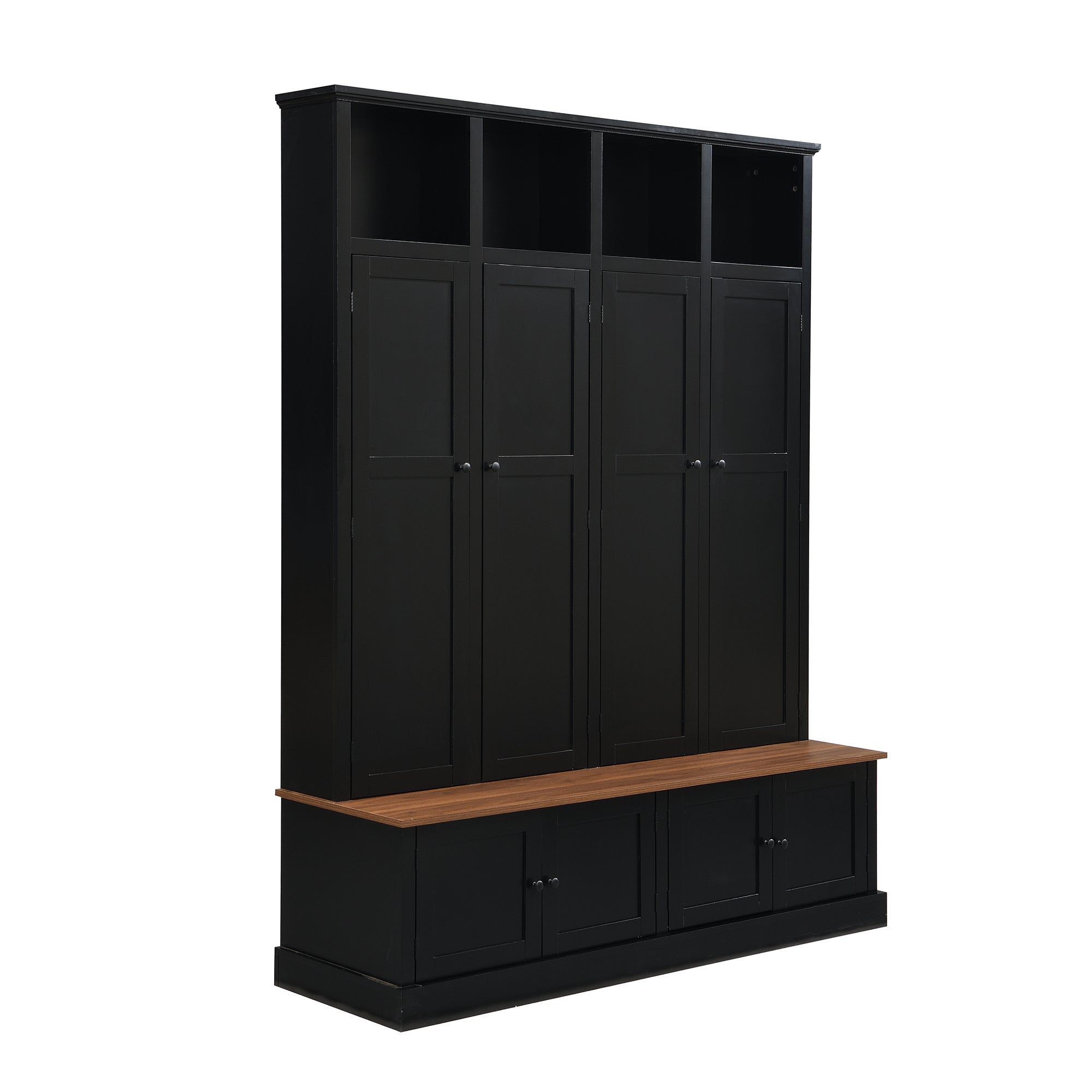 76.7''H Farmhouse Hall Tree with Bench and Cabinet, 4-in-1 Entryway Bench with Coat Rack, Modern Entryway Storage Organizer with Open Cubbies & Hooks for Hallway, Entryway, Living Roo - Grand Goldman Shop