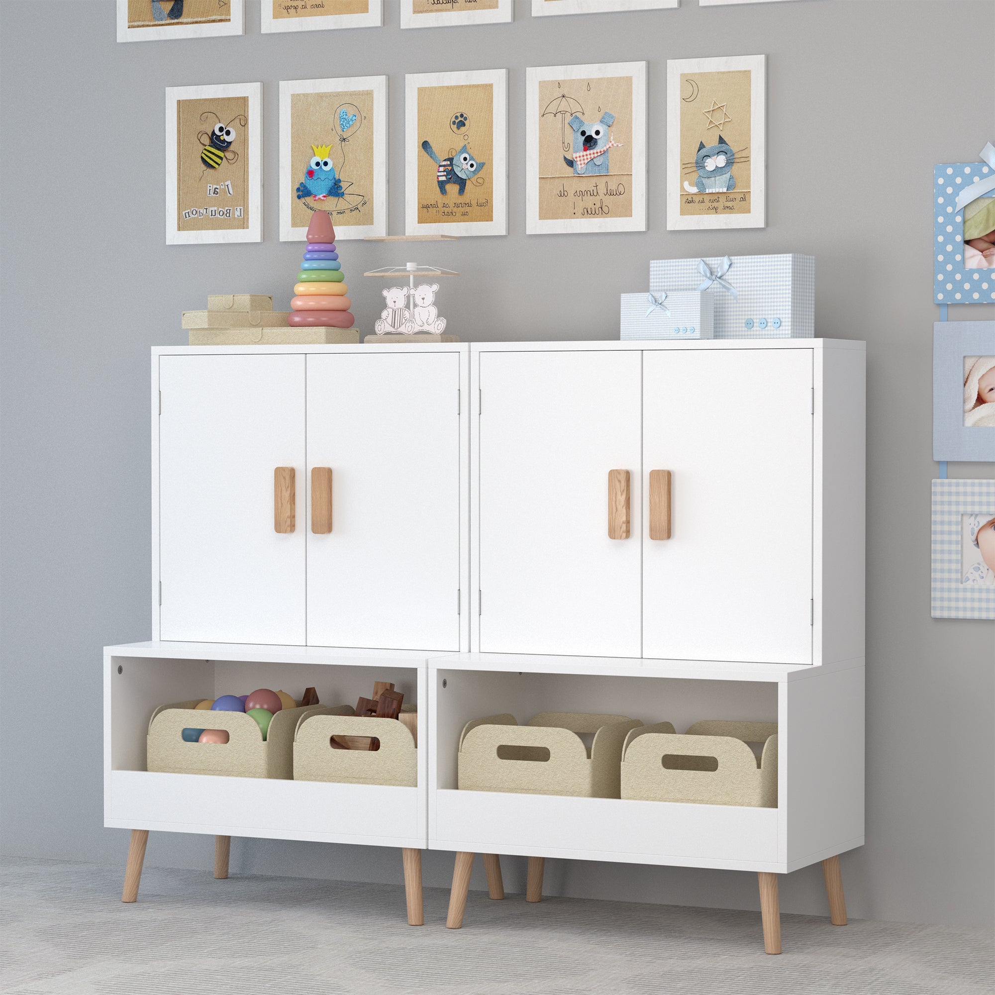 Kids Toy Storage Cabinet with Doors and Open Shelf, White Modern Wooden Organizer with Natural Wood Legs, Toddler Bookshelf f