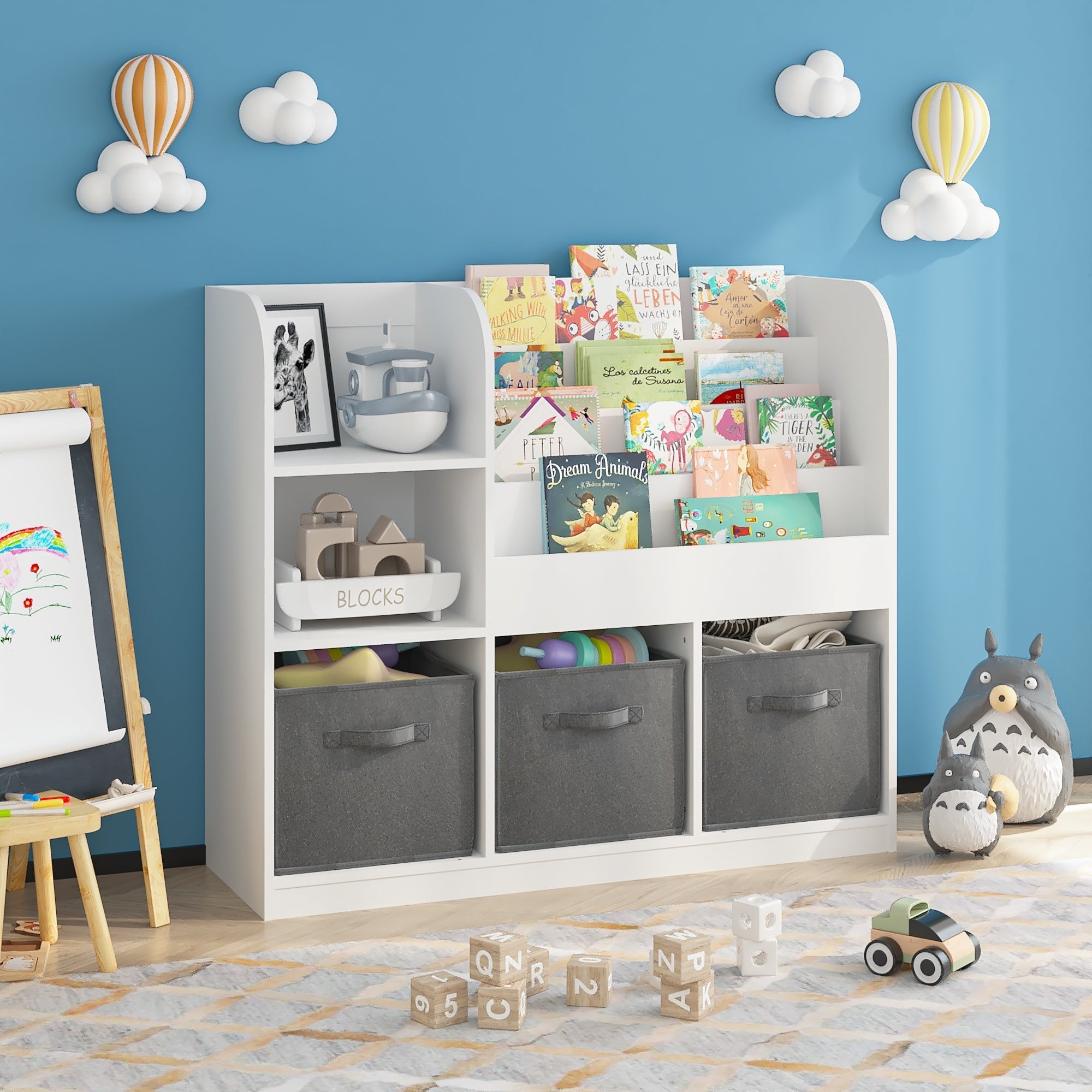 Kids Bookcase and Bookshelf with 3 Collapsible Fabric Drawers, Multifunctional Display Stand for Bedroom, Playroom, Hallway i
