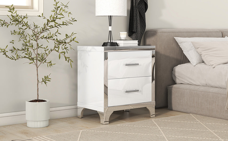 Elegant High Gloss Nightstand with Metal Handle,Mirrored Bedside Table with 2 Drawers for Bedroom,Living Room,White - Grand Goldman Shop