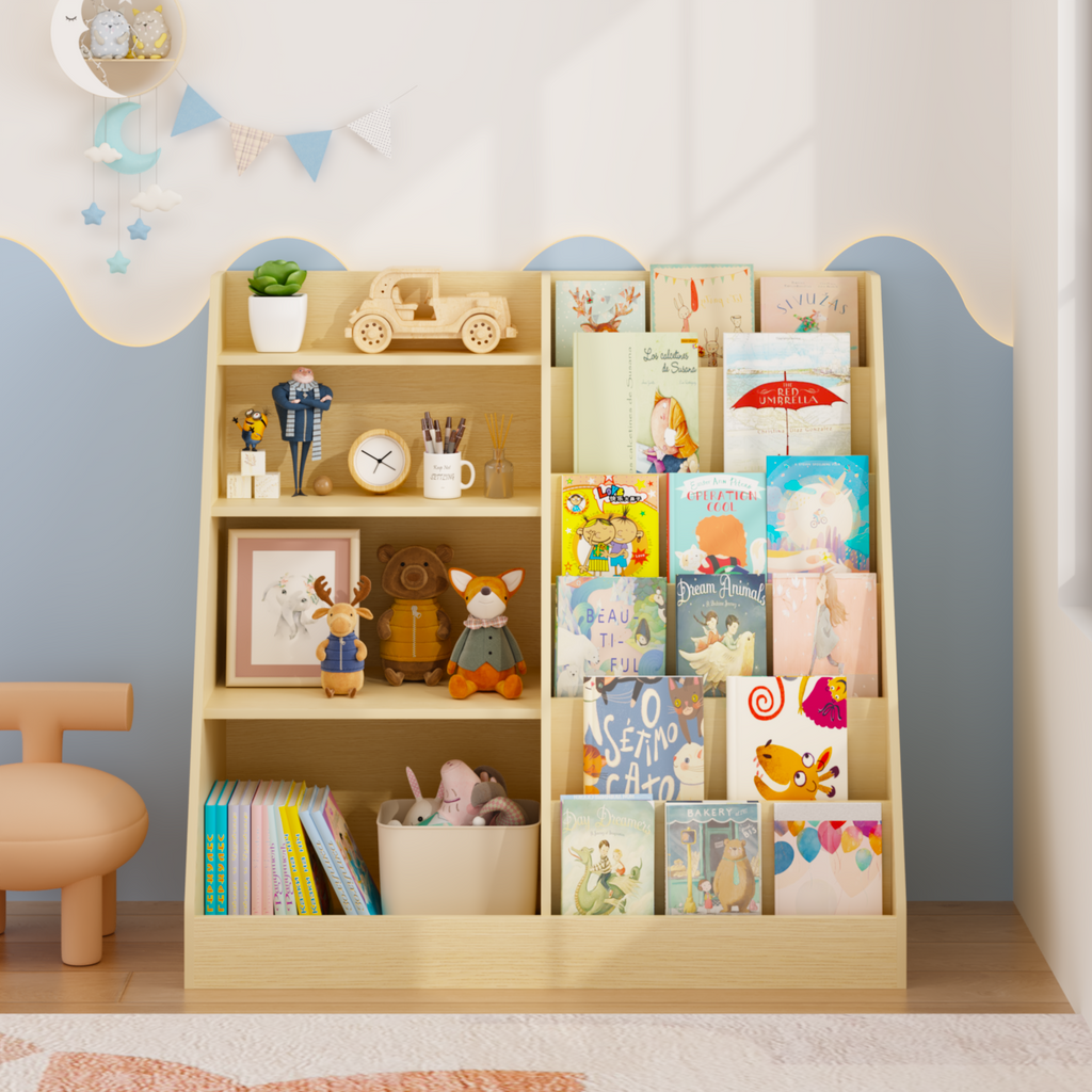 Kids Bookshelf and Toy Storage Organizer, Multifunctional 4 Tier Wooden Kids Book Shelf with  Bookcase Display Stand in Kids 