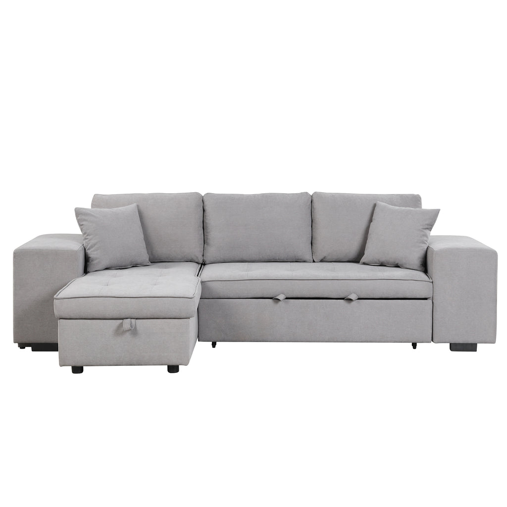 Modern Reversible L-Shape Pull Out Sleeper Sofa with Storage Chaise and Stools, Gray Linen, 104.5' - Grand Goldman Shop