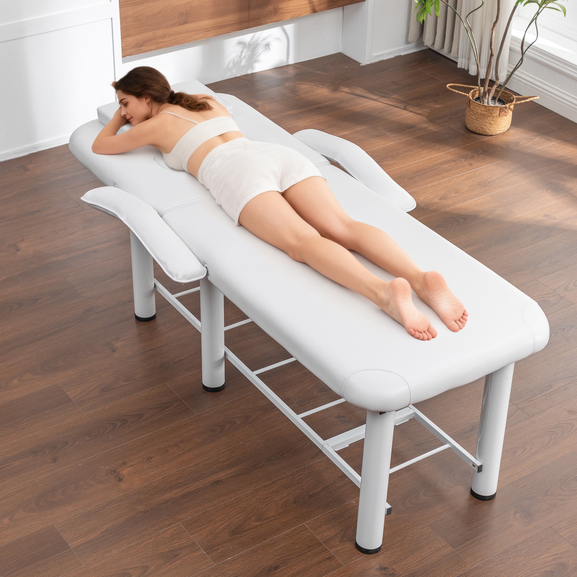 Professional Beauty Bed with Removable Headrest & Breast Cushions, Armrests and Storage Shelf for Full Body Massage, Facial, 