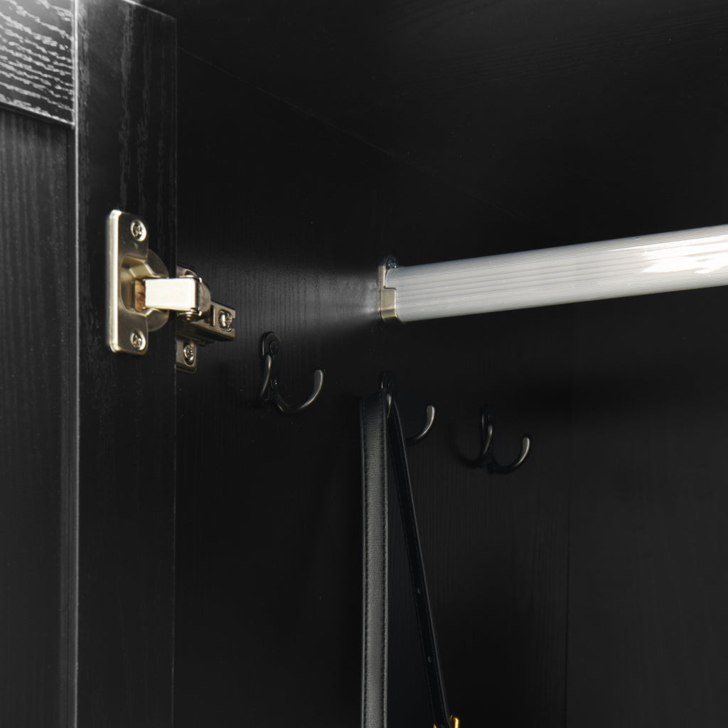 4 Doors Wardrobe Closet with Mirror, LED Wardrobe with Doors and 2 Drawers, Wooden Wardrobe Storage Cabinet with Hanging Rod, Adjustable Shelves, Black - Grand Goldman Shop