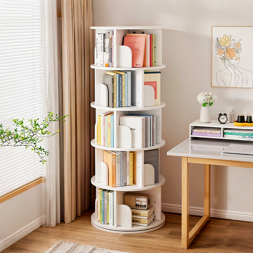 5 Tier Rotating Bookshelf, 360° Display Round Spinning Bookshelf, Space-Saving, Small Space Rotating Bookshelf Tower for Bedroom, Living Room, Home, Office, Warm White - Grand Goldman Shop