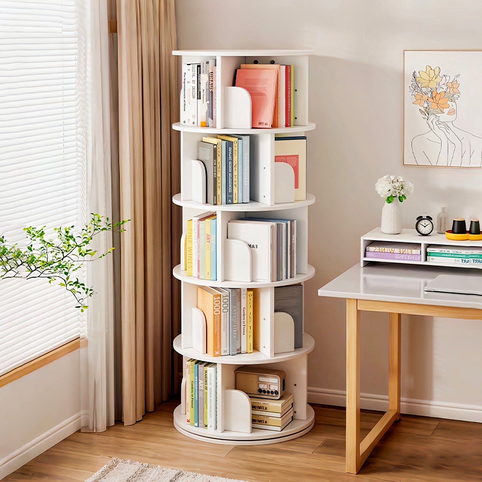 5 Tier Rotating Bookshelf, 360° Display Round Spinning Bookshelf, Space-Saving, Small Space Rotating Bookshelf Tower for Bedroom, Living Room, Home, Office, Warm White - Grand Goldman Shop