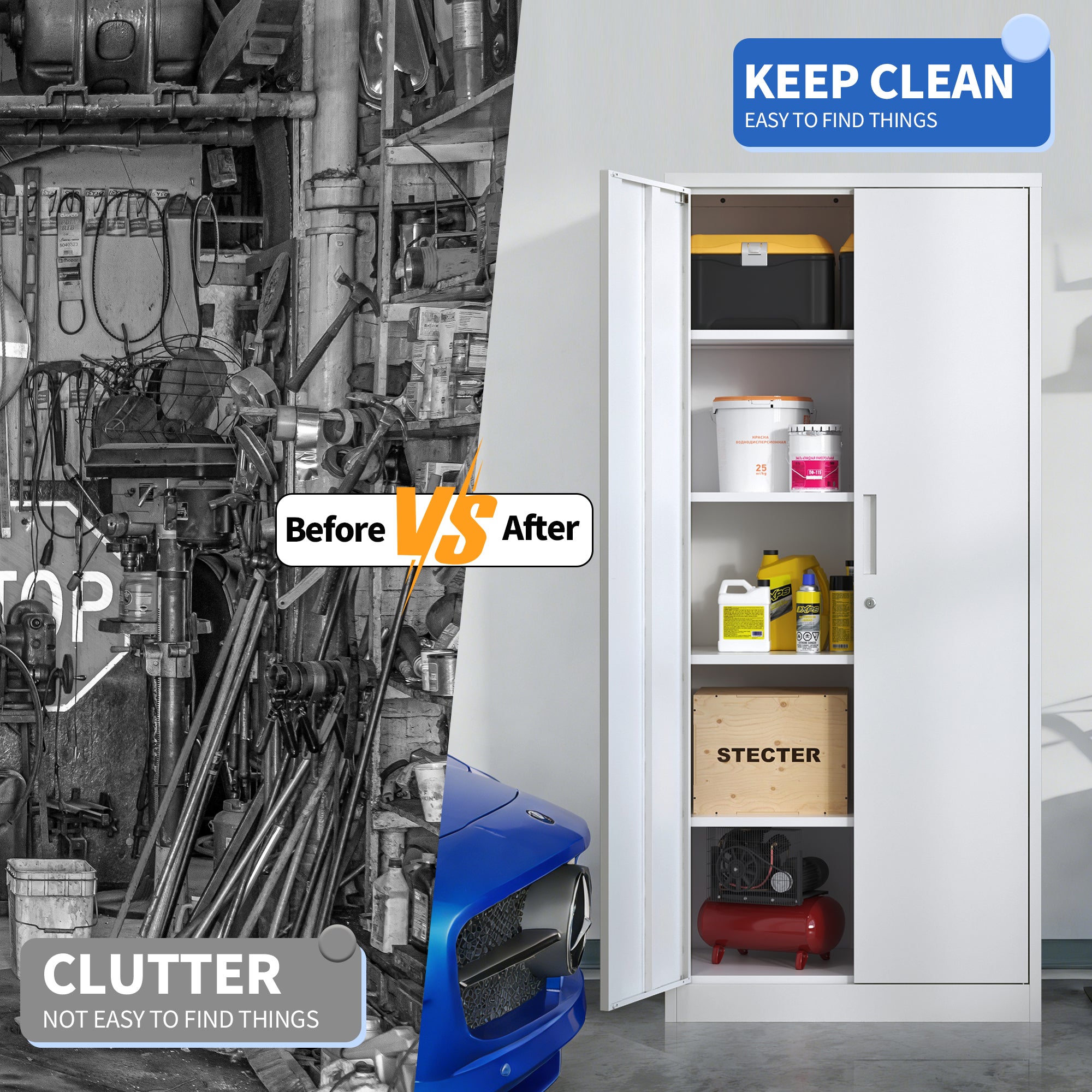 71'H Metal Garage Storage Cabinet, White Tool Steel Locking Cabinet with Doors and 4 Adjustable Shelves, Tall Cabinets for Ga