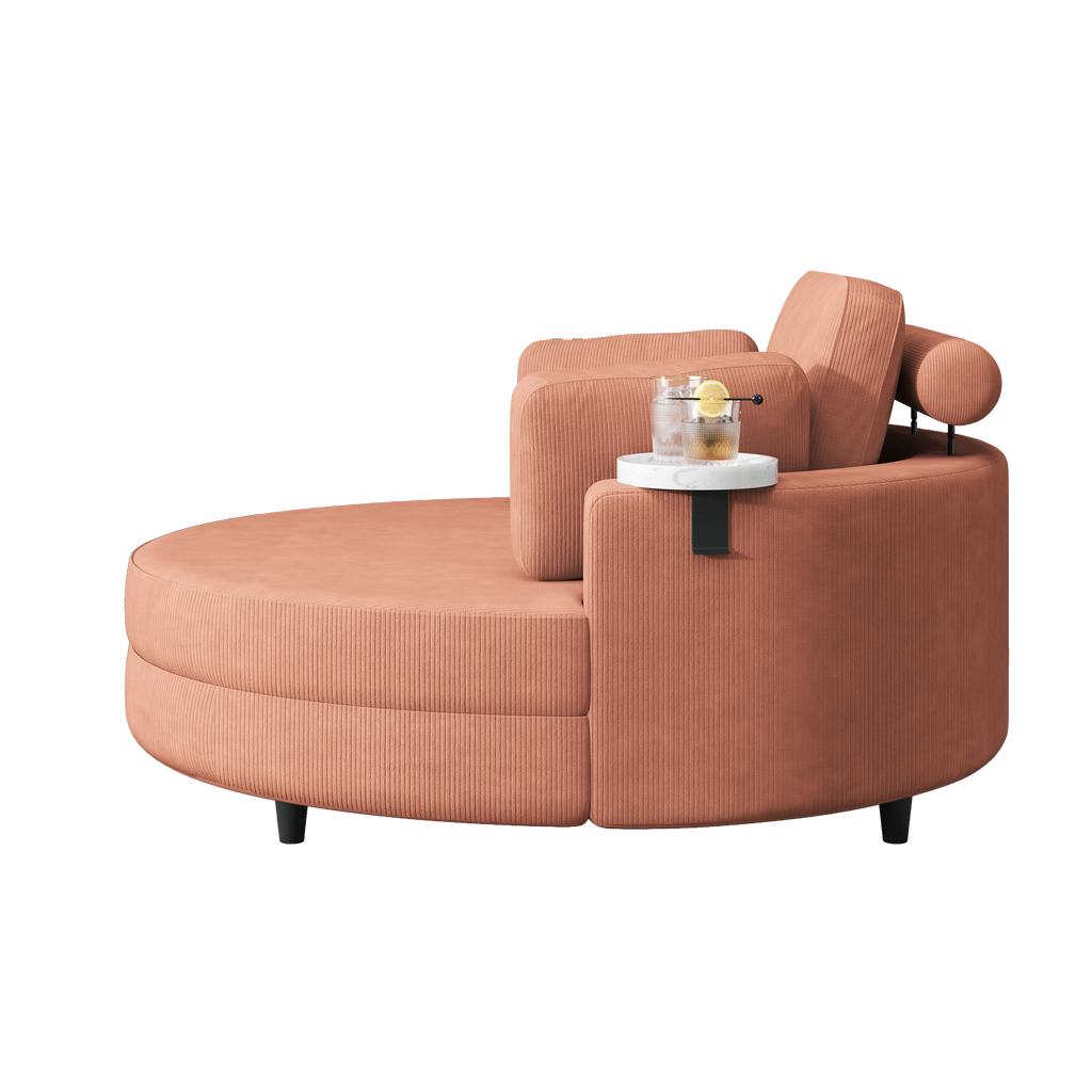 A 51-inch orange corduroy sofa with two throw pillows, a waist pillow and an extra tray is comfortable for a small apartment bedroom - Grand Goldman Shop