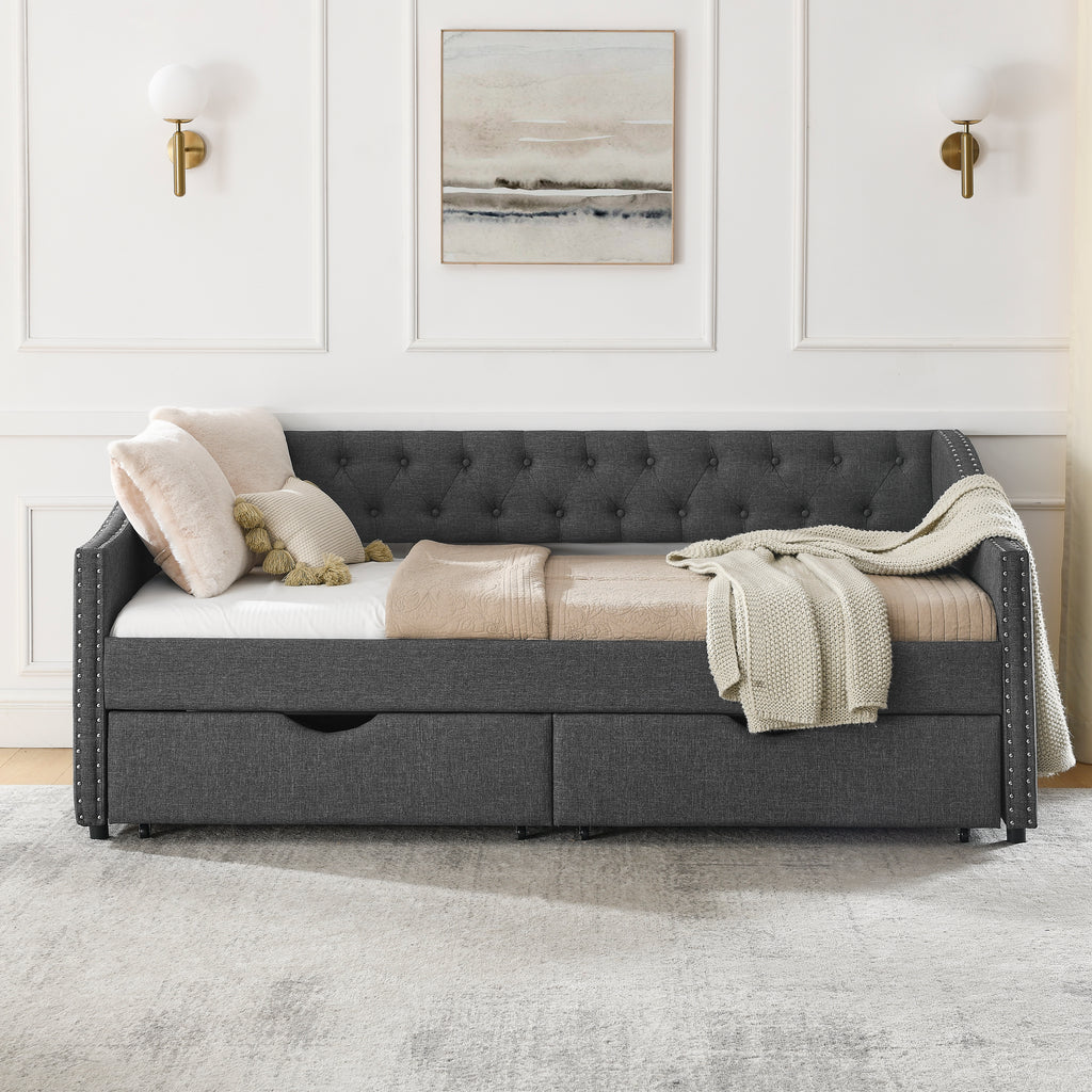 Twin Size Daybed with Drawers Upholstered Tufted Sofa Bed in Dark Grey Linen, Button Back and Copper Nail Trimmed Waved Arms, 81.5''x41''x30.5'' - Grand Goldman Shop