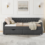 Twin Size Daybed with Drawers Upholstered Tufted Sofa Bed in Dark Grey Linen, Button Back and Copper Nail Trimmed Waved Arms, 81.5''x41''x30.5'' - Grand Goldman Shop