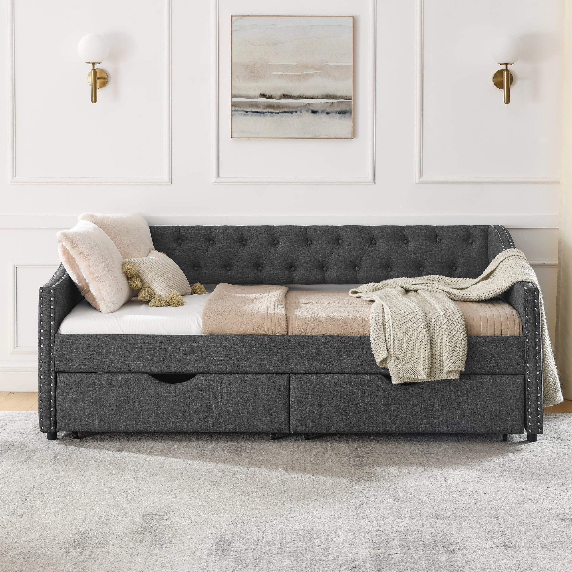 Twin Size Daybed with Drawers Upholstered Tufted Sofa Bed in Dark Grey Linen, Button Back and Copper Nail Trimmed Waved Arms, 81.5''x41''x30.5'' - Grand Goldman Shop